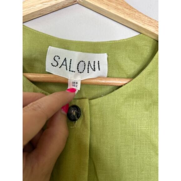 NEW Saloni  Sierra Shirt Sleeveless Frayed Linen Trim Maxi Dress Green Size: 2 - Picture 4 of 7